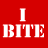 Static red square icon with white pixelated text reading "I BITE" in a retro digital font, featuring slight anti-aliasing and dithering effects on the letters.