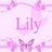 Static pink-themed buddy icon featuring the name "Lily" in stylized text surrounded by butterflies and floral elements on a light background.