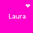 A bright pink background displays four instances of the text 'Laura' in white pixelated font, with a small heart symbol at top center and two starburst patterns positioned above the right and bottom-left texts.