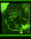 Green-toned pixelated animation of a stylized face with shifting features , bordered by dark green horizontal bars
