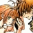 Anime character with brown hair and green eyes in close-up, side view, against black background with white text.