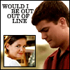 Four- comic with a man in red shirt and woman in white shirt; text reads 'WOULD I BE OUT OUT OF LINE' and 'IF I SAID I MISS YOU?'; background shifts from blurred to striped