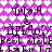 Animated icon with repeating text and heart pattern on purple background, showing pixelated motion blur in text elements.