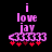 Pixelated pink text 'i love jay' above a spaceship with red stars on black background, showing animation change in star positions.