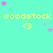 A static image with a cyan background featuring repeated yellow text 'woodstock' and '<3' symbols, surrounded by scattered pink and purple stars.
