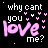 Black background with white and pink text reading 'why cant you love me?' surrounded by small pink hearts, animated heart symbols changing below the word 'love'.