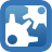 Blue and white pixelated icon with abstract shapes including two circular forms and a curved line within a rounded square frame.