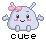 Pixelated character with light gray body, pink bow on head, and four limbs in various poses beneath the word 'cute'.
