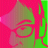 A static pixelated image with a pink and green color scheme featuring abstract shapes including a large curved form, smaller circular elements, and diagonal lines.