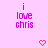Pixelated text 'i love chris' in purple on pink background with red heart symbols, some hearts animated to fill or empty.