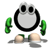 a cartoon character with large eyes, green gloves, and beige feet in various poses against a gray background