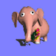 Animated sequence of a pink elephant holding flowers, transitioning from a small bouquet to a large one against a solid blue background.