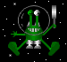 Green cartoon alien in silver spacesuit with circular helmet, standing on black starry background holding a metallic object that changes shape across frames.