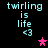 Pixelated text 'twirling is life <3' appears in light blue on black background with a pink star icon that changes color across frames.