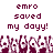 Pixelated text reads 'emro saved my dayy!' above a of identical cartoon figures with raised arms, all in maroon and white on a plain background