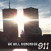 identical static images showing two dark skyscrapers against a bright sky with text 'WE WILL REMEMBER 911' below