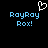 Pixelated blue text 'RayRay Rox!' appears twice on a black background with a white heart outline above the left instance.