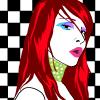 Static pixel art icon of a stylized female character with red hair against a black-and-white checkered background, featuring bold makeup and a green choker necklace.