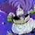 Pixelated figure with white robe and green shoulder pads against purple background, head slightly tilted left.