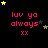 Pixelated pink text 'luv ya always xx' on black background with yellow and brown stars, animated star positions across frames.