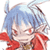 Pixelated static icon of a character with light blue hair, red eyes, and a red outfit against white background.