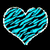 A heart-shaped icon with blue and black zebra stripes on a black background.