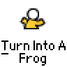 Animated contact sheet of a yellow cartoon character transforming into a frog across 15 frames, with text "Turn Into A Frog" below each frame on gray background.