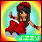Pixel art character in red dress and black hat with red symbol, floating against rainbow gradient background with green text 'dizzy' at bottom.