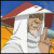 Static pixel art of a person in white robes under a red-roofed structure with blue sky and orange ground, making a peace sign gesture.
