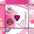 Pixelated pink-themed animation showing a cupcake with swirls, a heart symbol, and four dots changing to text reading 'cecilia' in bold letters.