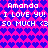 Pixelated text and heart pattern repeats across a pink-purple gradient background with blue hearts.