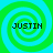 Four identical spiral patterns in green and cyan with the text 'JUSTIN' overlaid on each spiral.