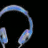 Blue headphones with multicolored musical notes floating around them on a black background.