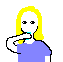 A pixelated animation of a figure with yellow hair and a purple shirt drinking from a blue cup, then spitting out blue liquid.