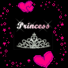 Animated contact sheet of a pink and black princess-themed buddy icon with hearts, stars, tiara symbols, and text elements arranged in a 4x3 grid.
