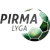 Static pixelated image with gray background, dark gray text 'PIRMA LYGA', and green-and-white crescent shape on right.