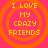 Four identical orange circular frames on a pink background, each containing yellow pixelated text reading "I LOVE MY CRAZY FRIENDS".