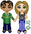 Two pixelated characters holding hands, a boy in green sweater and blue pants, girl in gray tank top and blue jeans with green text symbols below.