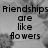 Black-and-white pixelated text on a blurred floral background, arranged in four sections with partial phrases about friendships and flowers.