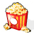 Pixelated red and yellow striped popcorn bucket filled with popped corn, two loose kernels on white background.