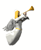 Animated angel figure in white robe with yellow belt, gray wings, and golden trumpet against plain background.