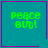 Four teal squares with purple borders display "peace out!" text; top-right has a purple heart, bottom-right has a purple starburst.