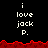 Pixelated text 'i love jack P.' on black background with red jagged border, displayed in three across two