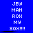 Blue background with white pixelated text arranged in three vertical , each containing identical text sequences