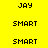 Yellow background with black pixelated text 'JAY' and 'SMART' arranged in a , some instances of 'JAY' overlaid by pink-to-orange gradient circles