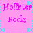 Pixelated pink background with cyan decorative borders and repeated text 'Holister Rocks' in purple font.