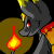 A 4-frame animated contact sheet showing a dark gray cartoon dragon with red eyes and yellow accents holding a flickering torch against a brown circular background.