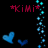 Pixelated icon with red text 'Kimi' flanked by stars, blue hearts at bottom left, and a vertical column of cyan dots on the right against black background.