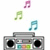 Pixelated image of a gray boombox with black speakers and colorful display, surrounded by three floating musical notes in pink, green, and blue.