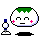 Pixel art contact sheet showing two frames of an animated AIM buddy icon featuring a white cloud-like character with green top, pink cheeks, and blue-and-white stick figure companion on gray background.